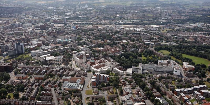 An aerial view of Leeds, with the University campus in the foreground