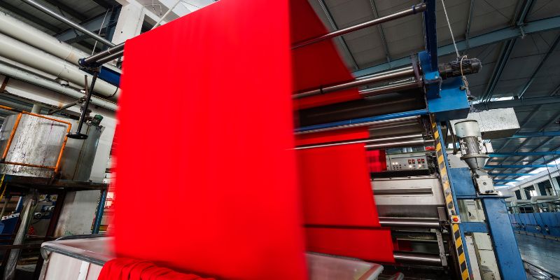 Textile machine making red cloth