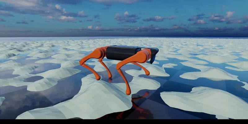 Image from a computer simulation featuring an orange and black four-legged dog-type robot crossing terrain covered in white, snow-like mounds, with a blue sky in the background.
