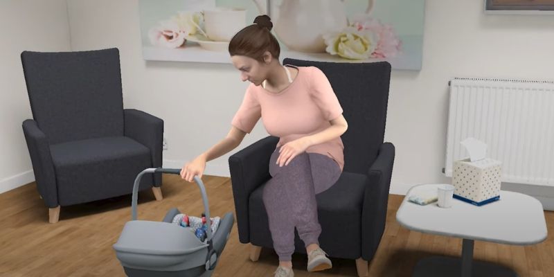 Virtual patient Stacey with her baby