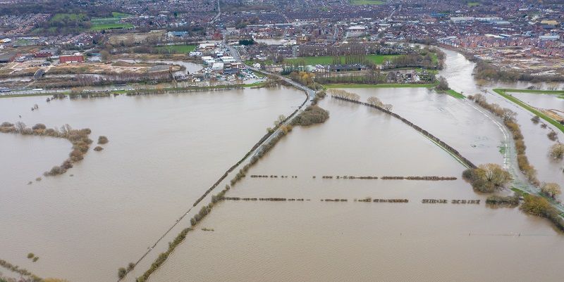 Aerial view of flooded fields and roads