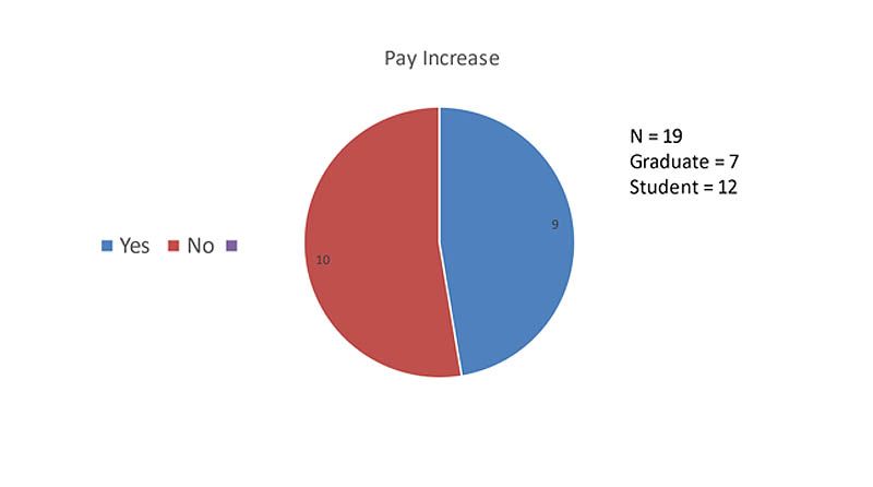 A pie chart called "Pay increase" showing the results of a questionaire with 19 undergraduates (7 graduates and 12 students). 9 answered "yes" and 10 answered "no".