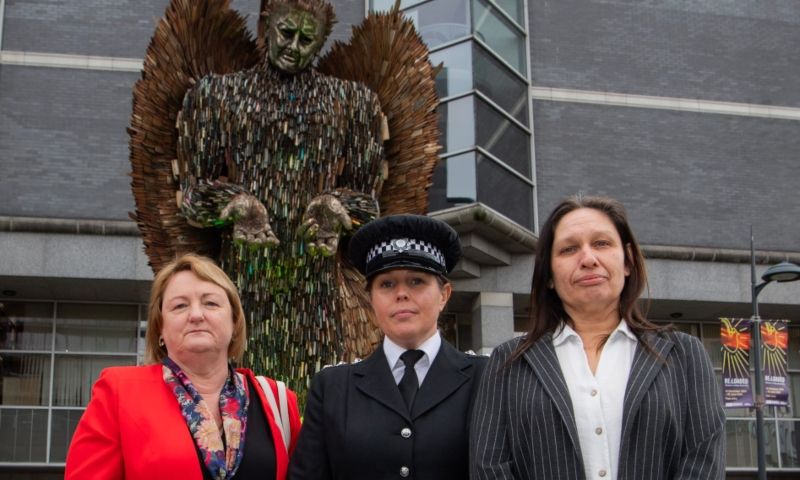 Standing side by side in front of the Knife Angel are Councillor Debra Cougar, Deputy Leader of Leeds City Council, Chief Inspector Lucy Leadbeater and anti-knife crime campaigner Sarah Lloyd.