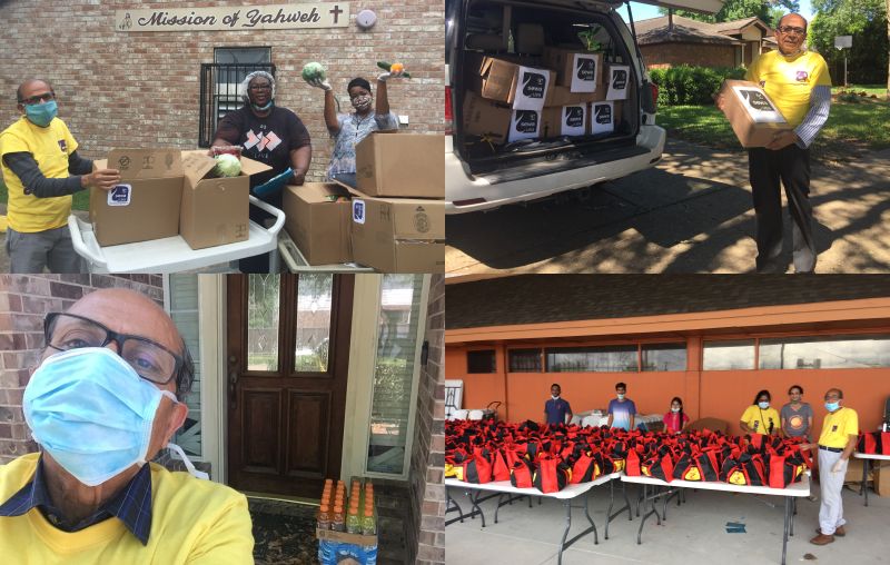 Four images of Madan Luthra wearing a face mask volunteering for Sewa International delivering boxes and bags of supplies to vulnerable people.