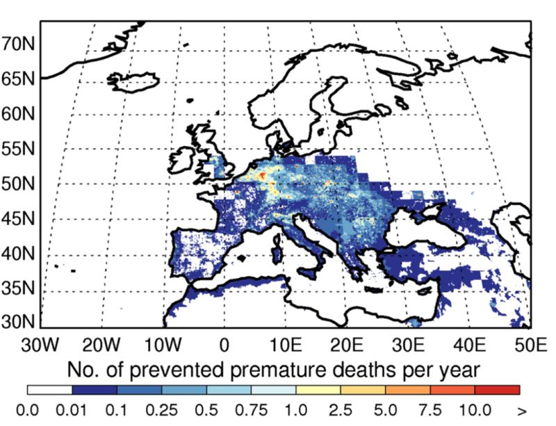 The number of premature deaths prevented each year due to the introduction of European Union (EU) policies and new technologies to reduce air pollution. The numbers given are for a 4km by 4km grid square.
Credit: Turnock et al., Environ. Res. Lett. (2016) licensed under CC-BY 3.0