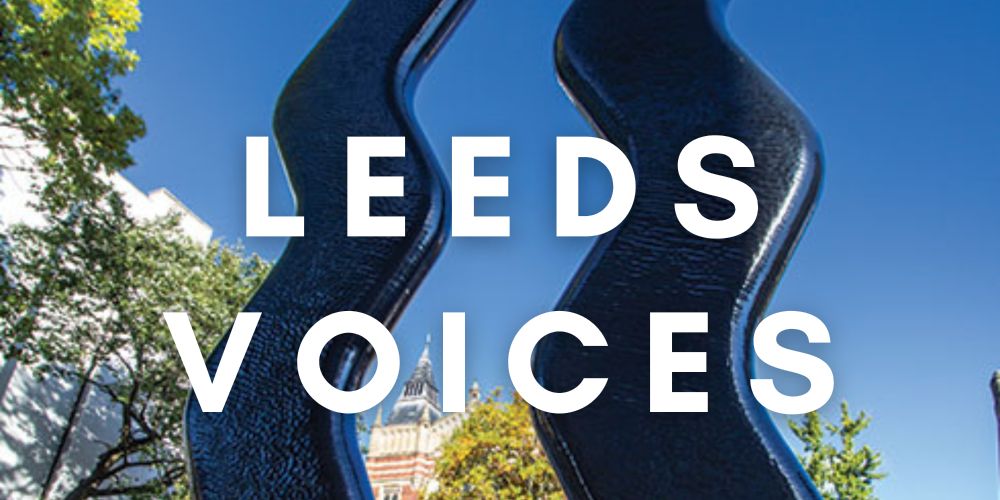 Sign for Art campus sculpture with text reading "Leeds Voices" over the image