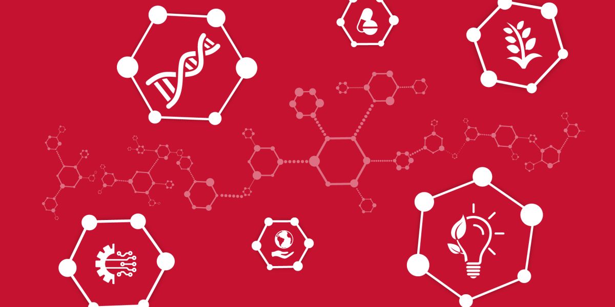 White symbols on a red background including a DNA strand, a tablet, a plant,a lightbulb with a leaf growing from its side, a hand holding a small globe and and graphic of a cog.