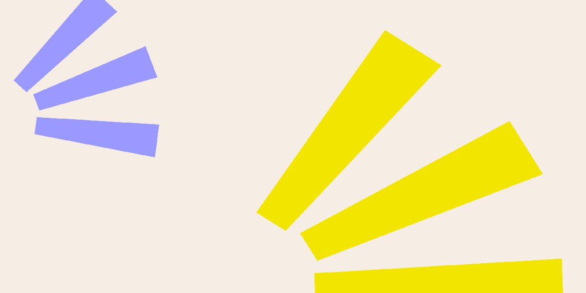 A decorative graphic with yellow and purple shapes that look like sunbeams