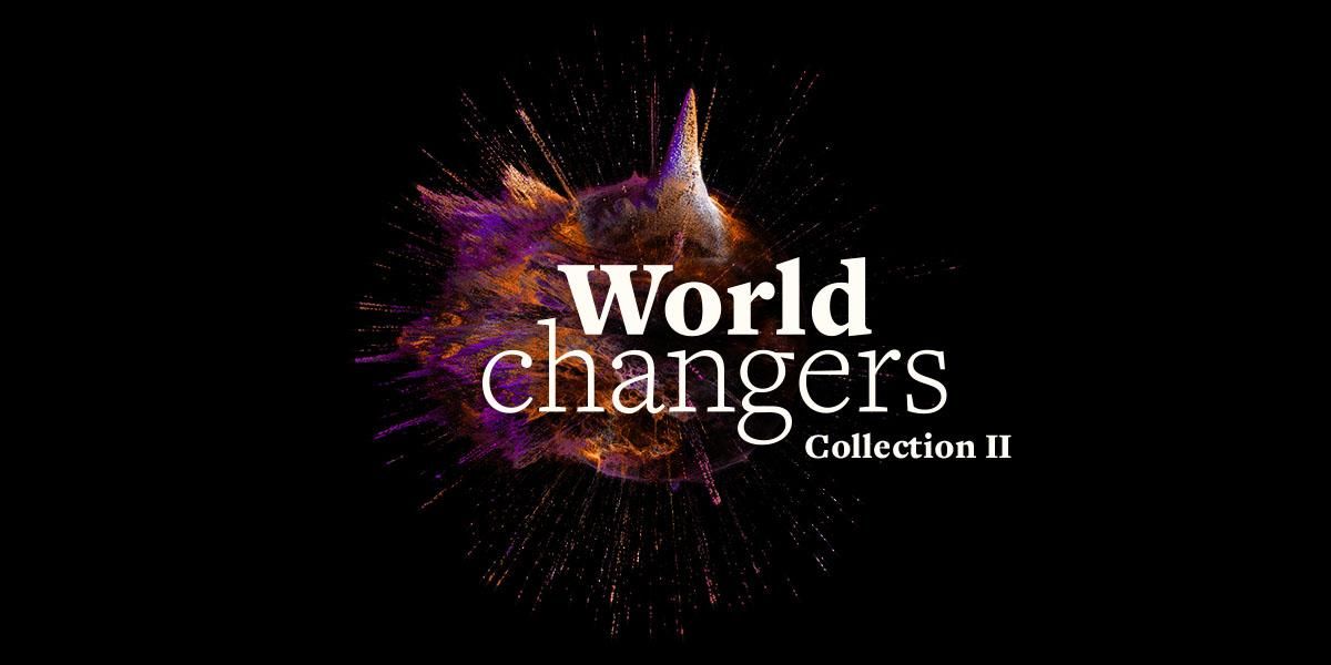 Black banner with colourful splashes that reads 'World changers collection 2'