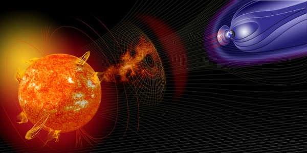 Artist illustration of events on the sun changing the conditions in Near-Earth space.
Credit: NASA