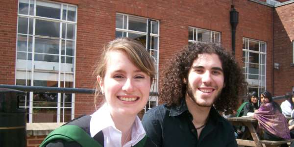 Trevor and Sophie Klein sit outside LUU on Sophie's graduation day