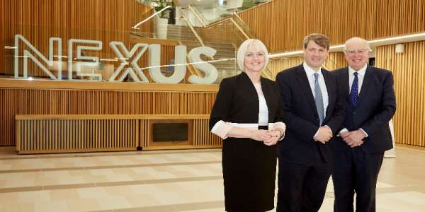 Professor Lisa Roberts, Chris Skidmore and Sir Alan Langlands in Nexus, the University of Leeds' innovation hub, during the Minister's visit on Thursday 16 January 2020.