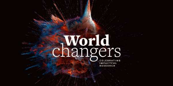 Text reading World Changers: Celebrating Impactful Research over an illustration of a red and blue dust cloud