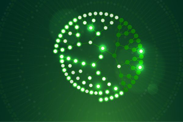 Pattern of white dots in circular network on dark green background
