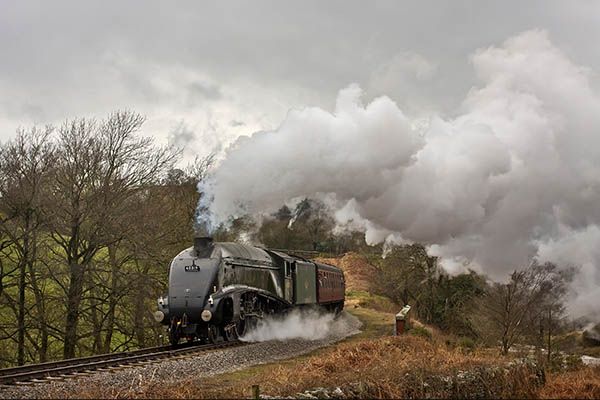 A steam train on a railway line in the Yorkshire countryside.