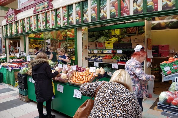 Customers buy fruit and veg in the Grainger Market, Newcastle