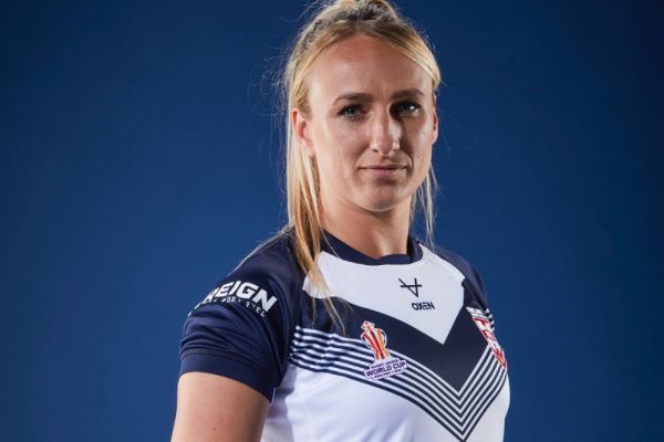 Jodie Cunningham poses in her rugby kit