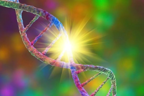 A multicoloured double DNA strand with a bright light point on one ladder of the helix.