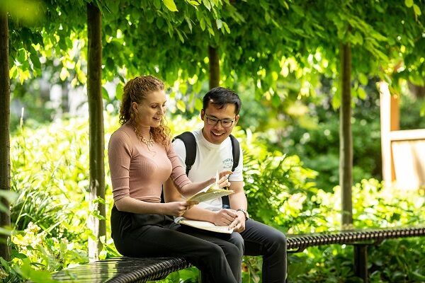 Two people sat on a bench under a canopy of green trees and looking at documents
