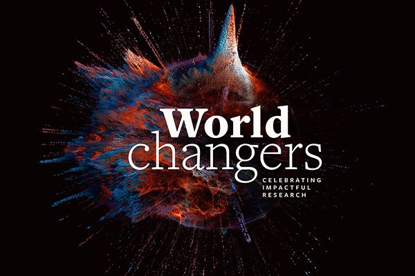 The words World changers, celebrating impactful research on top of an explosion graphic