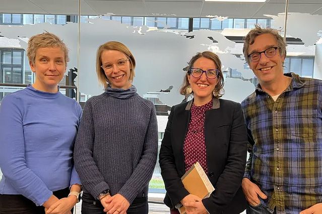 Dr Tamsin Edwards, Dr Carrie Bradshaw, Professor Julia Martin-Ortega and Professor Piers Forster pose for a picture after the Engaging with UK Parliament event in March 2023