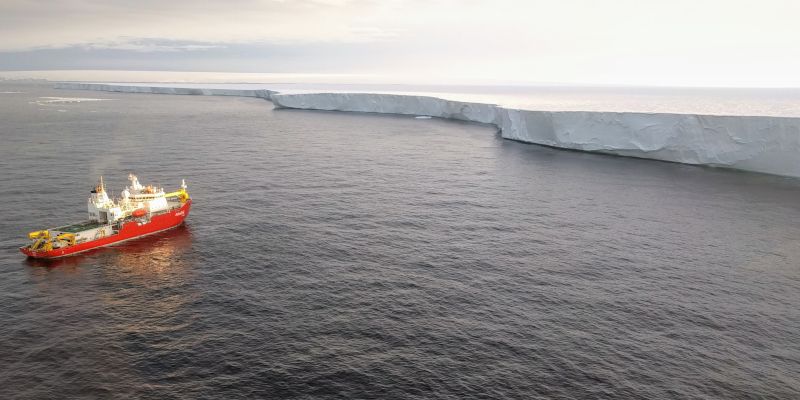 Research ship approaches the Getz glaciers off the coast of Antarctica.