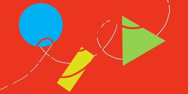 A blue circle, yellow rectangle and green triangle suspended on a red background.