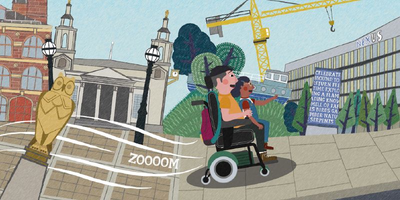 A girl rides on her fathers electric wheelchair through the city of Leeds towards the university to meet mum.