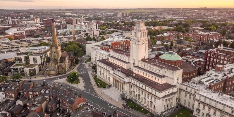 An aerial shot of the Leeds University campus, with the Parkinson Building at the front. March 2020