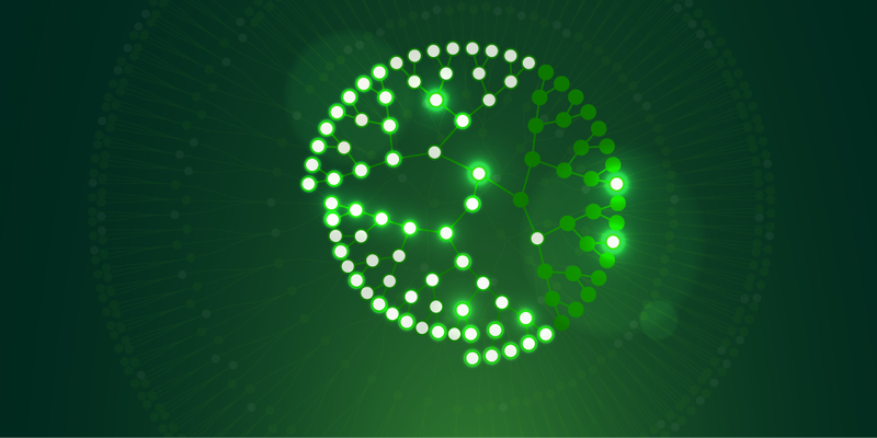 Pattern of white dots in circular network on dark green background