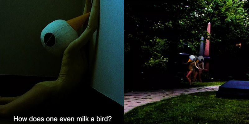 Two still images from 'Bird Diaries' showing the subject of Astrid's film: a figure wearing a large bird mask and skin coloured body suit.