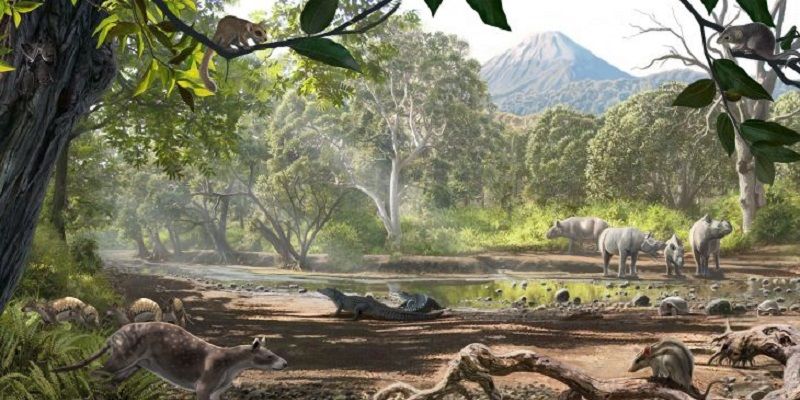 An artist's impression of a tropical landscape with a volcanic mountain in the background, trees, plants and a variety of animals including rhinos, crocodiles and small mammals