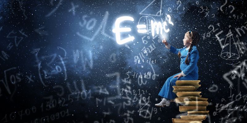 A child sitting on a stack of books looking at famous mathematical formulae, with a starry background