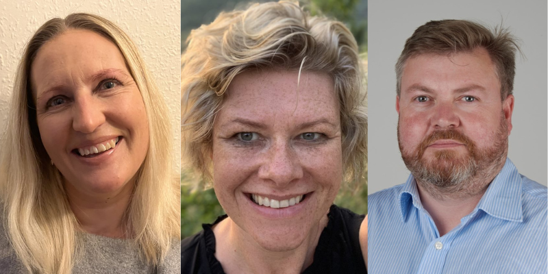 Three headshot photos of the academics. Left photo is a white woman with long blonde hair, middle photo is a white woman with short blonde hair, right photo is a white man with brown hair and a beard.