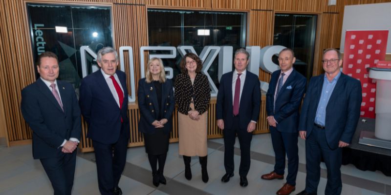 Vice-Chancellor, Professor Simone Buitendijk with politicians Sir Kier Starmer and Gordon Brown, along with other representatives from the University.