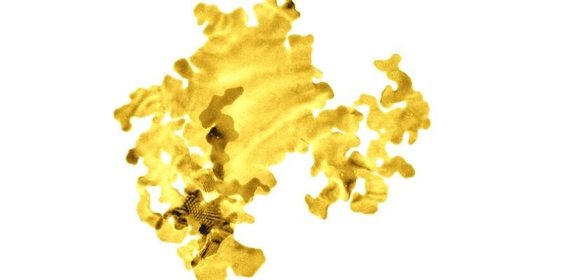 Image shows an ultra thing gold particle just two atoms thick