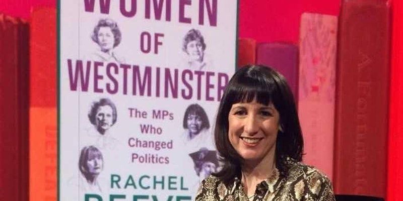 MP for Leeds West, Rachel Reeves, sitting in front of a banner that reads 'Women of Westminster'