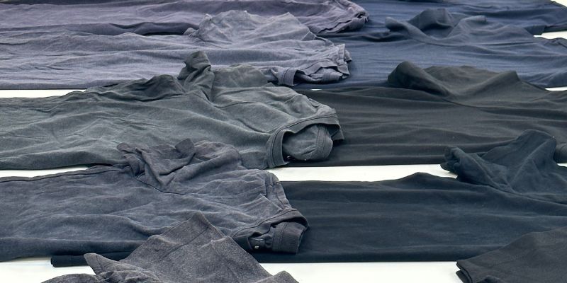 A row of black t-shirts on a table after testing. some are more faded than others.