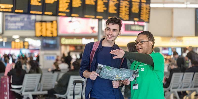Students being greeted by the welcome team at Leeds train station.