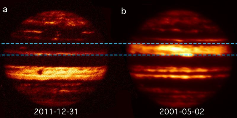 Two images of the planet Jupiter side by side, showing the dramatic difference in the bands of colour seen between 2001 and 2011