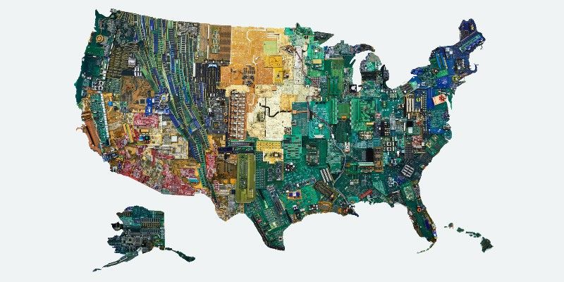 America, by Susan Stockwell, 2018, photographed by Seb Camilleri. A colourful map of the USA created using upcycled computer components, part of the Blackrock collection in New York, USA.
