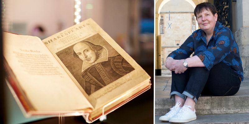 Left: Shakespeare's First Folio, a book from the 1600s, is on display in a cabinet. The book is open on a page showing a famous portrait of William Shakespeare. Right: Professor Emma Smith sits on a step at Hertford College, University of Oxford.