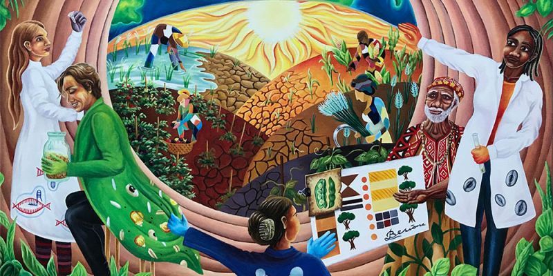 A painting depicting the planet earth and farming on dry land, with water supplies helping to cultivate crops.