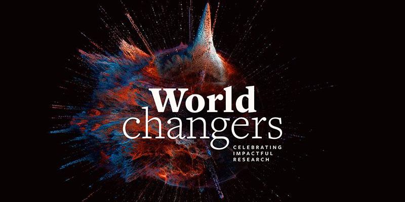 Banner for the World Changers essay collection with the tag line &#039;Celebrating impactful research&#039;