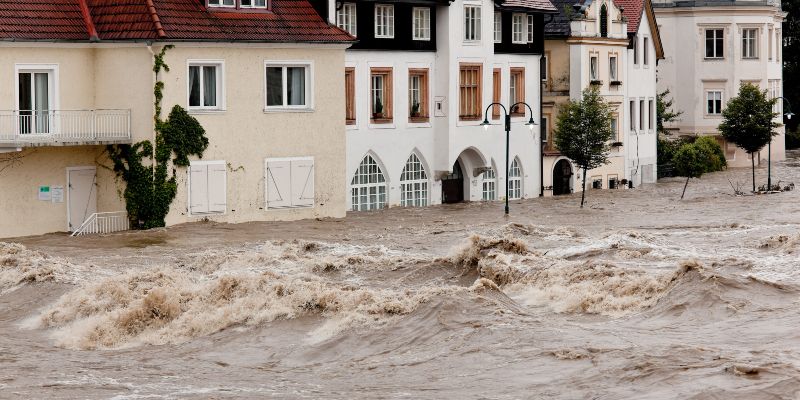 Floodwarer gushing down a residential street in Steyr, Austria