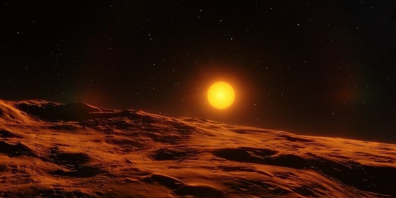 A sun hovering above the horizon of a desolate planet