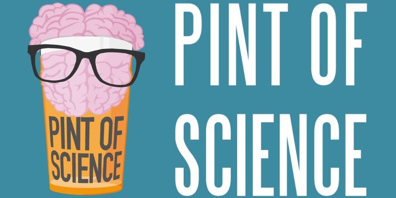 The Pint of Science logo - an illustrated pint glass with a human brain on top wearing black framed glasses