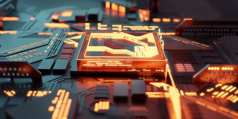 A futuristic glowing CPU quantum computer processor