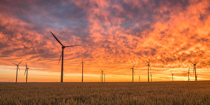 A field of wind turbines and a beautiful sunset.