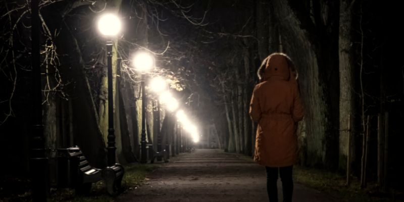 A person alone in a park in the dark with street lights shining next to them.